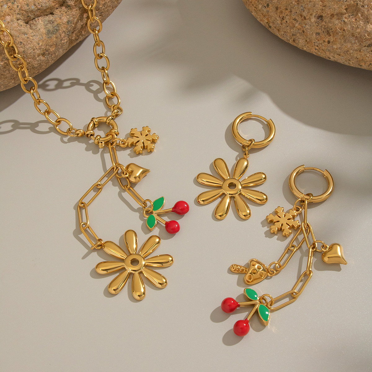 Romantic Flower Cherry Stainless Steel Waterproof Gold Color Necklace Set 2