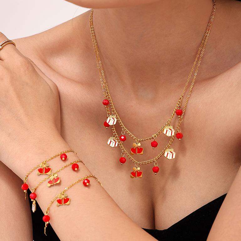 Classic Christmas Garnet Stainless Steel Waterproof Gold Color Women's Jewelry Sets