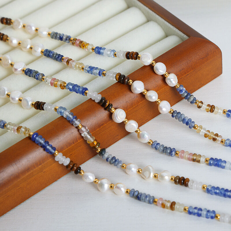 1 pezzo elegante collana di perline in acciaio inossidabile impermeabile color oro con pietra naturale da donna h5Immagine3