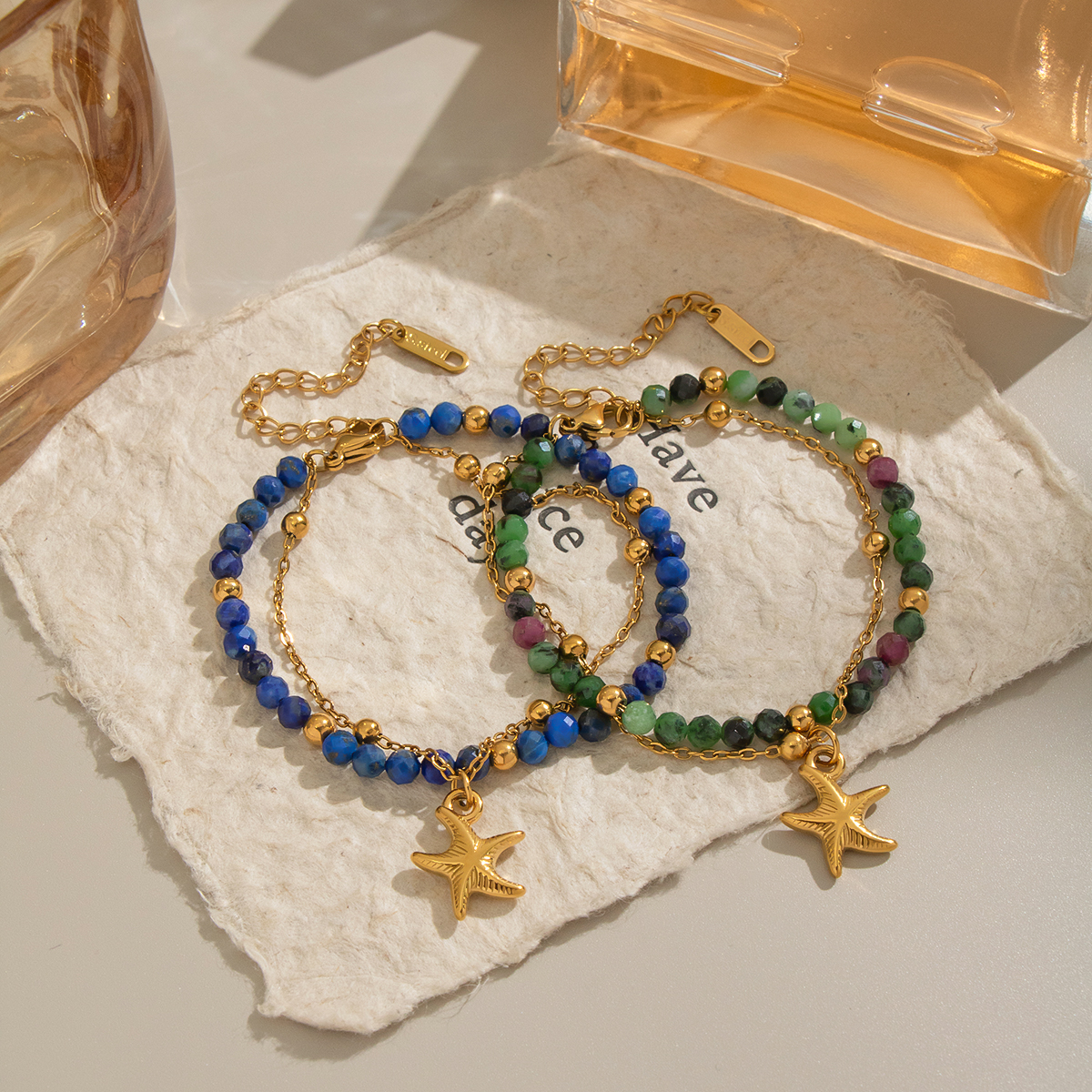 1 Piece Natural Stone Beads Stainless Steel Waterproof Beaded Bracelet