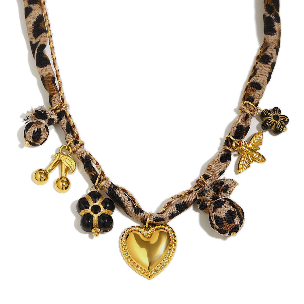 Collana con ciondolo da donna in acciaio inossidabile impermeabile color oro a forma di cuore retrò con ciliegia, 1 pezzo Immagine4