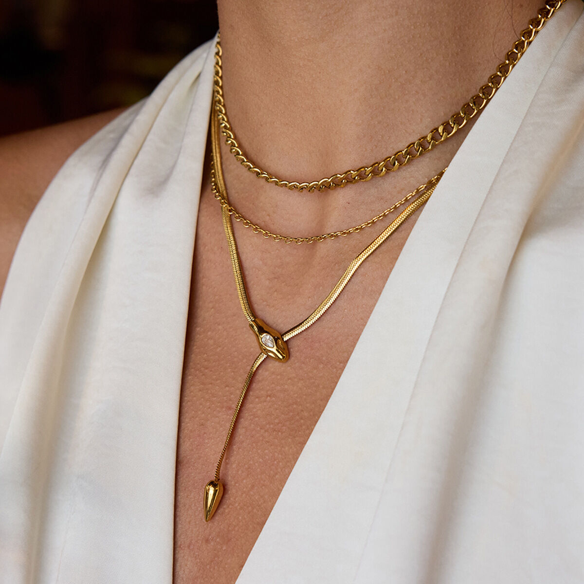 1 Piece Shinning Snake Stainless Steel Waterproof Gold Color Women's Pendant Necklaces