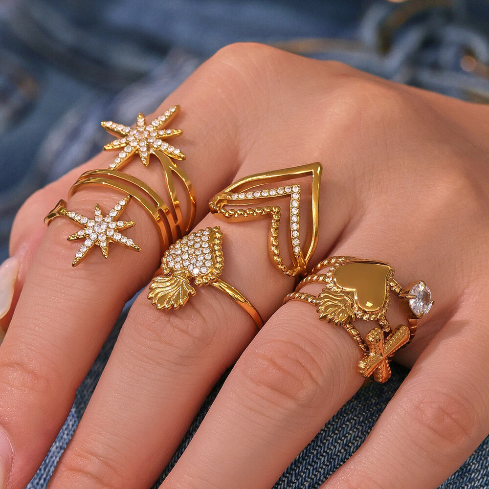 1 Piece Chic Heart Star Stainless Steel Waterproof Gold Color Statement Rings h5Picture3