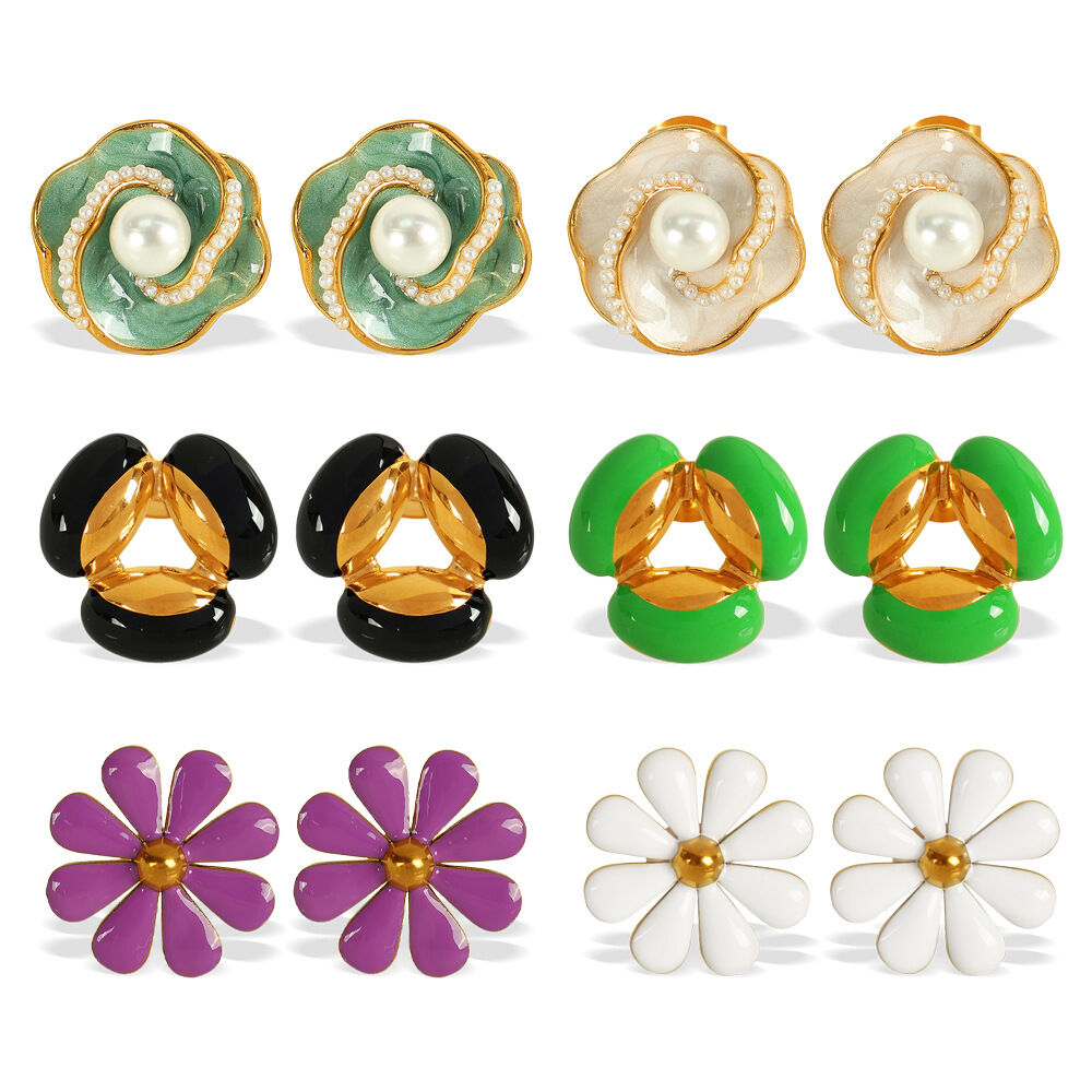1 Pair Retro Enamel Flower Stainless Steel Waterproof Stud Earrings h5 Picture4