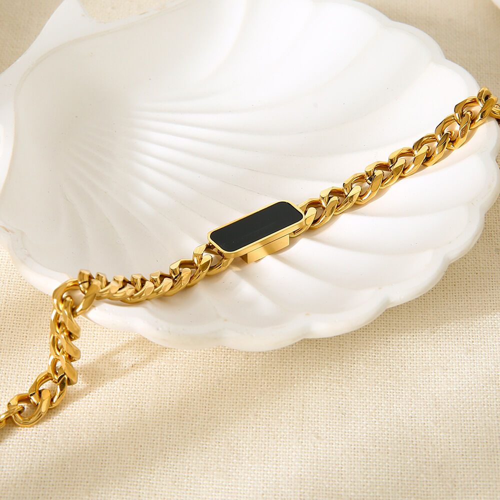 Braccialetti a catena da donna in acciaio inossidabile color oro impermeabile con catena rettangolare classica da 1 pezzo Immagine3