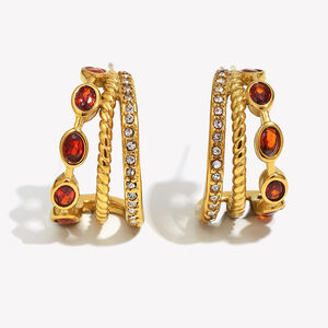 1 Pair Classic Stainless Steel Waterproof Gold Color Red Zircon Women's Hoop Earrings h5
