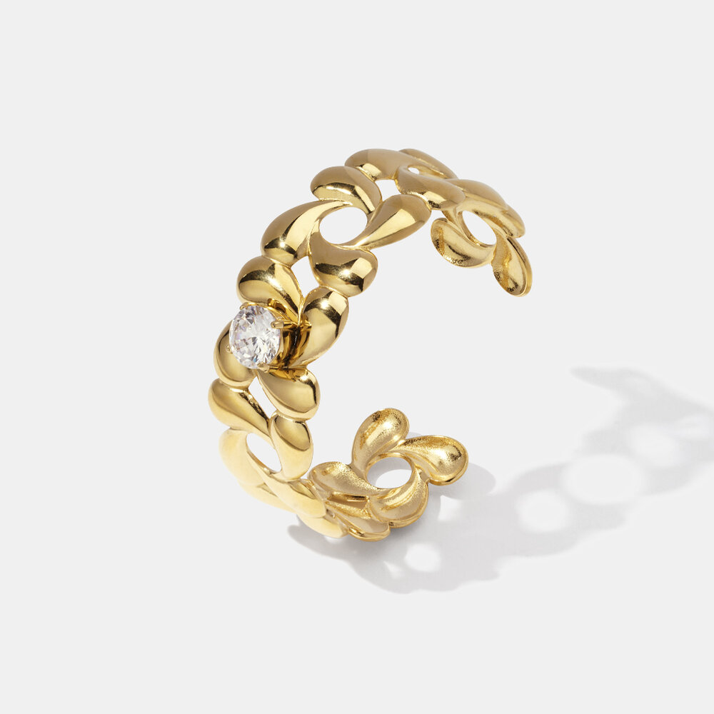 Bracciale rigido in acciaio inossidabile con zirconi color oro impermeabile a forma di fiore h5Immagine2