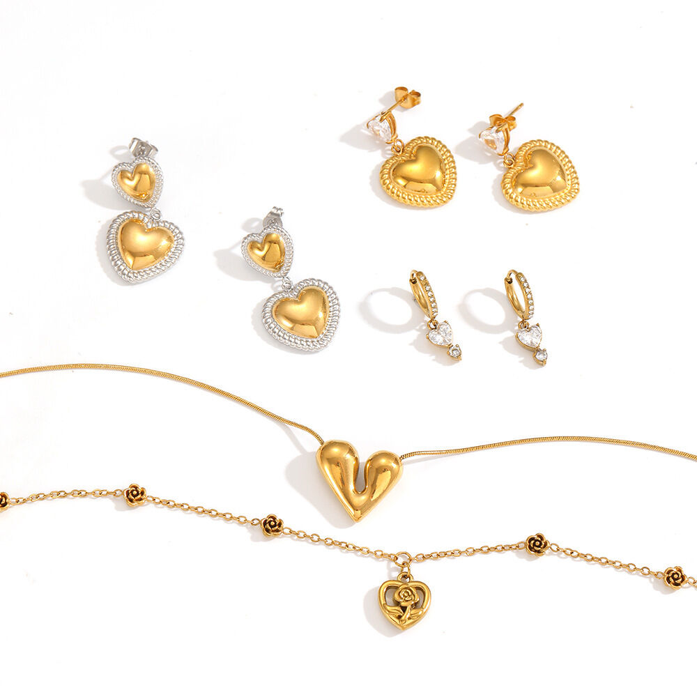 Vintage Heart Stainless Steel Waterproof Gold Color Women's Jewelry Sets h5 Picture3