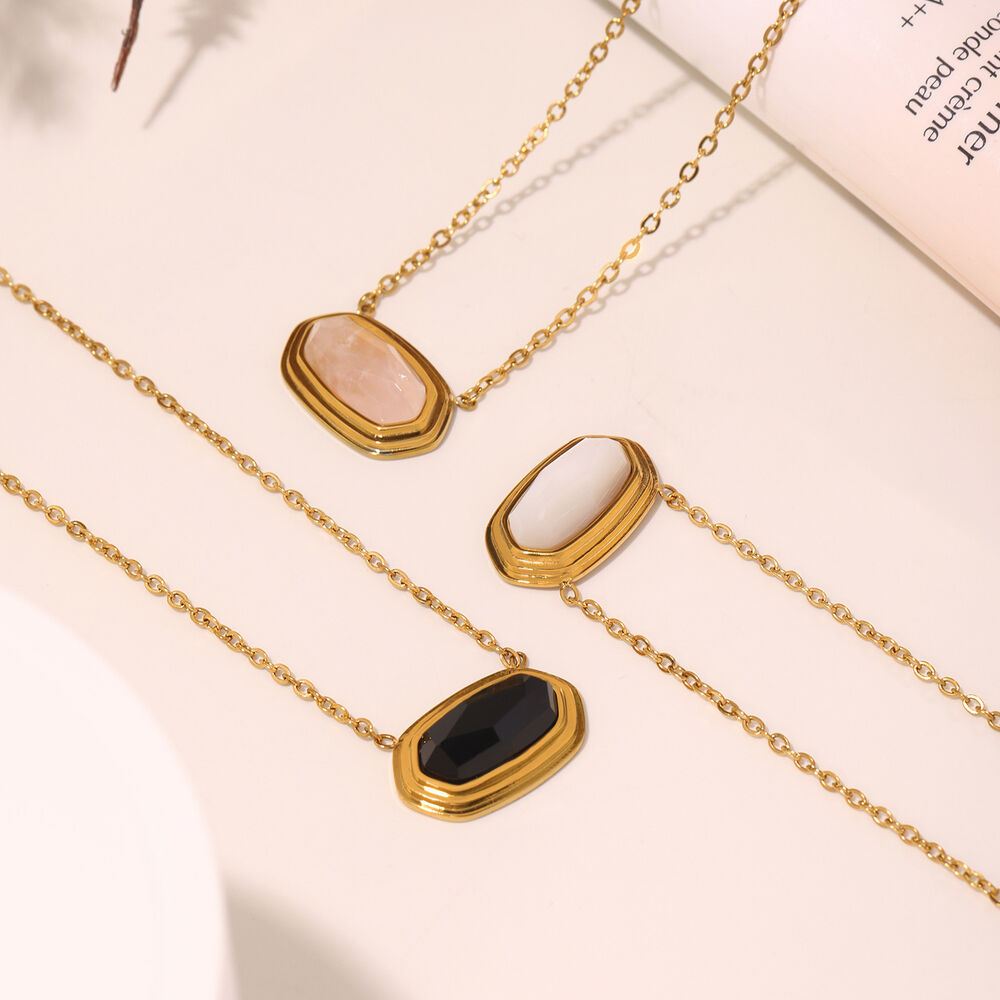 1 elegante collar con colgante hexagonal de acero inoxidable, resistente al agua, color dorado y piedra natural para mujer. h5Imagen2