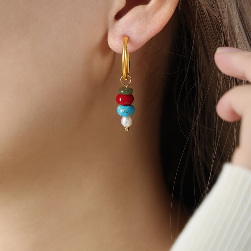 1 paio di eleganti orecchini pendenti da donna in acciaio inossidabile con perline e pietra naturale impermeabile h5 