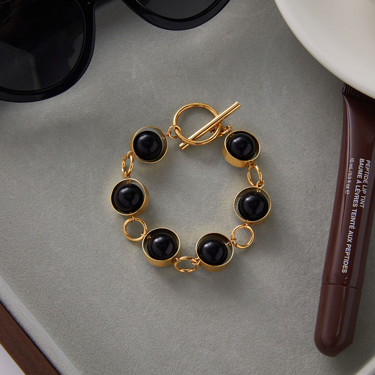 1 Piece Black Glass Beads Stainless Steel Waterproof Gold Color Women's Beaded Bracelets Picture4