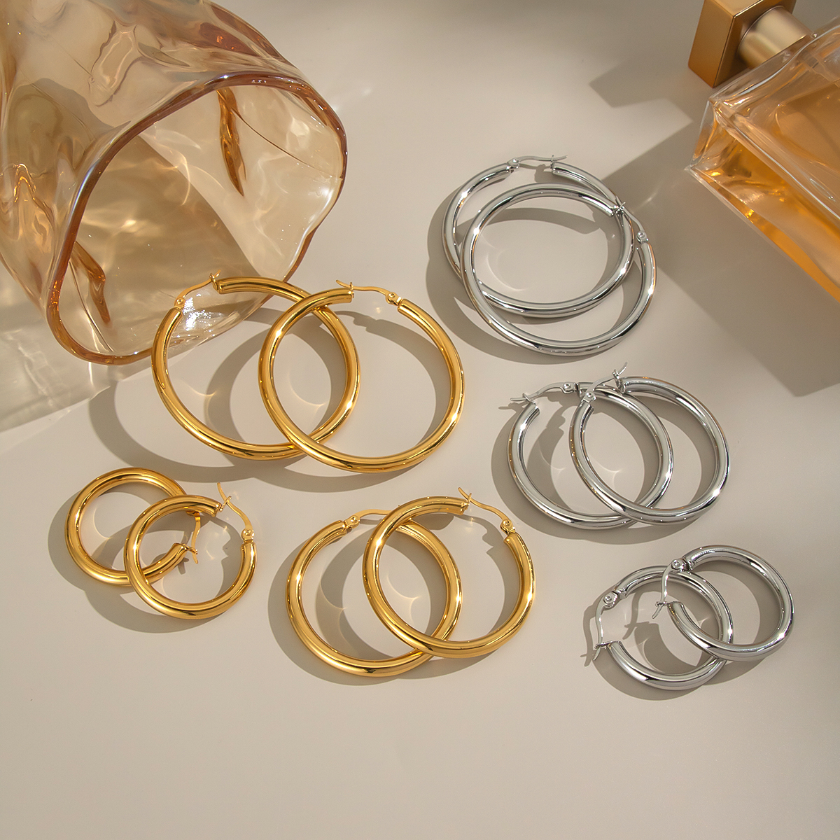 1 Pair Circle Stainless Steel Waterproof Gold Color Basic Hoop Earrings h5 Picture3