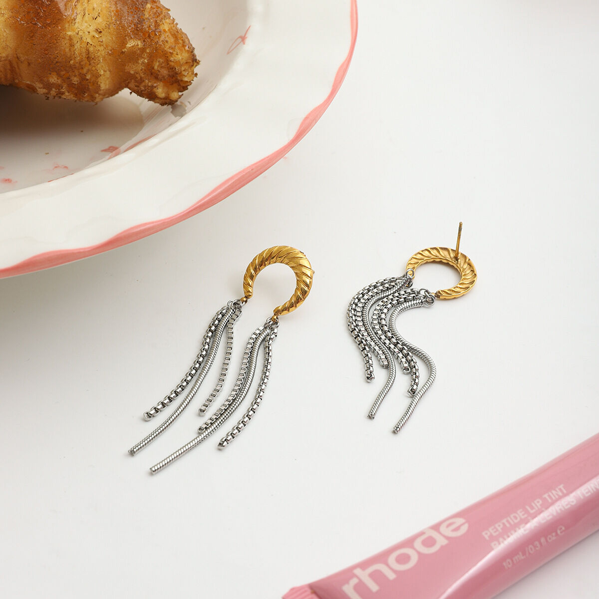 1 Pair Casual Tassel Moon Stainless Steel Waterproof Gold Color Women's Dangle Earrings h5 Picture6
