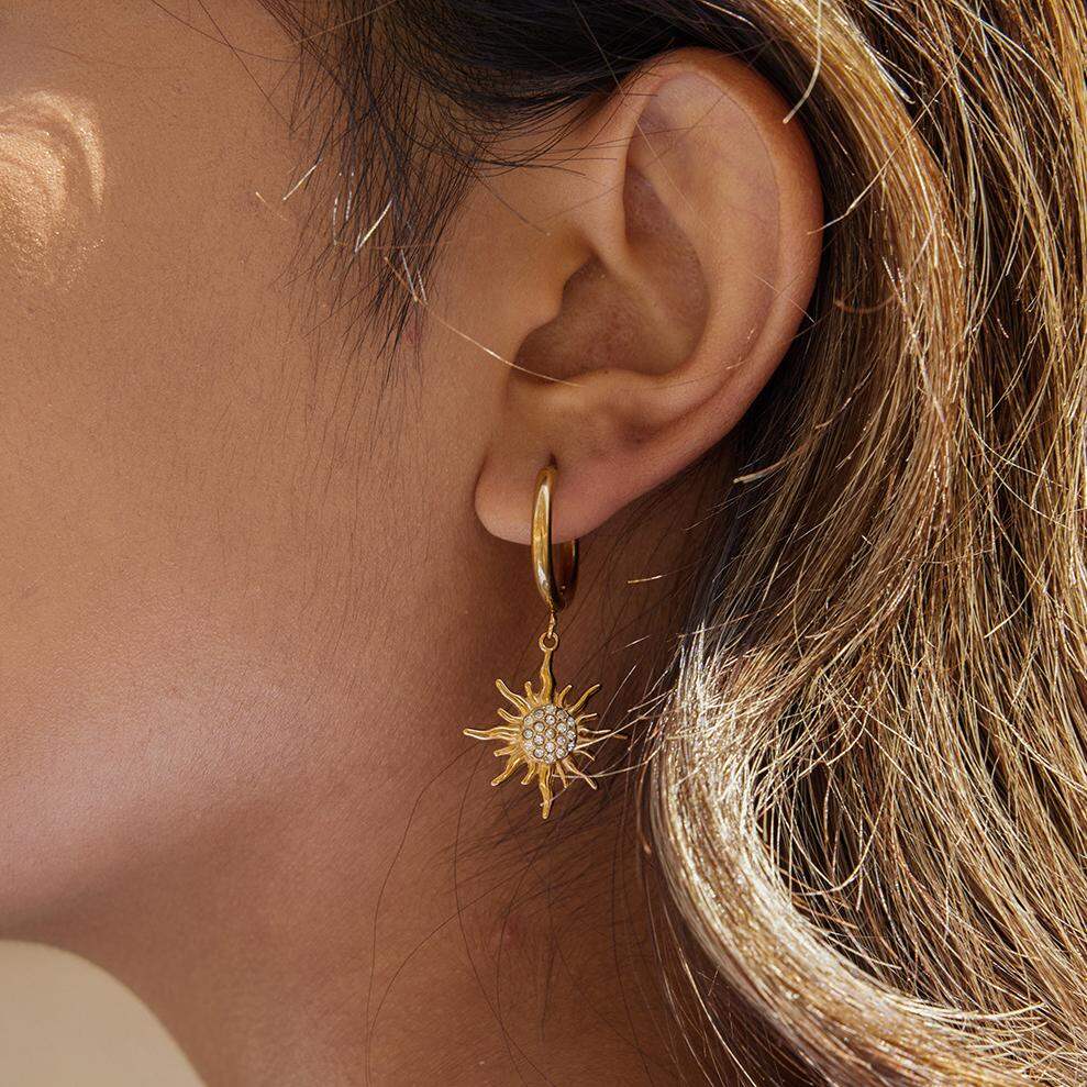 1 Pair Intricate Sun Stainless Steel Waterproof Gold Color Women's Drop Earrings h5Picture5