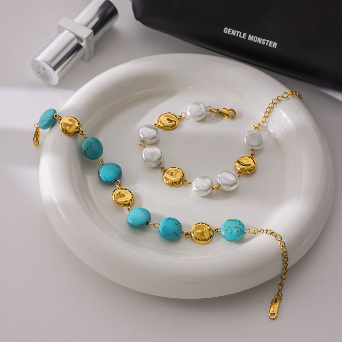 Annular Calaite Beads Stainless Steel Waterproof Gold Color Women's Jewelry Sets Picture7