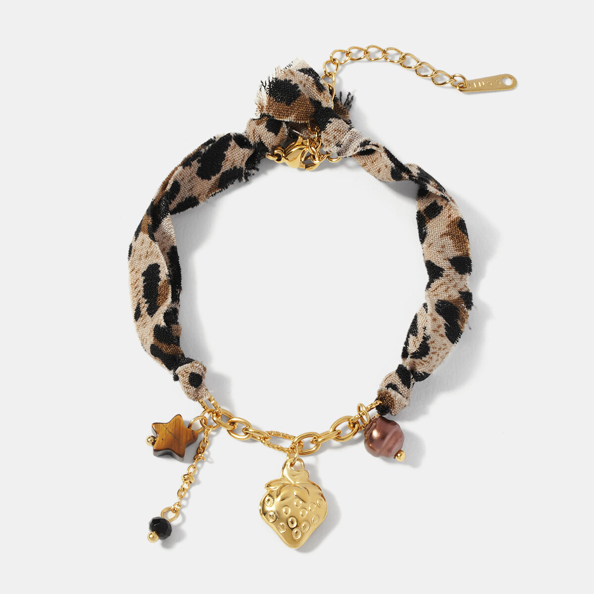 Leopard Fabric Strawberry Stainless Steel Waterproof Gold Color Charm Bracelet Picture2