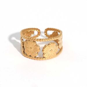 1 Piece Simple Elegant Flower Stainless Steel Waterproof Gold Color Women's Statement Rings h5