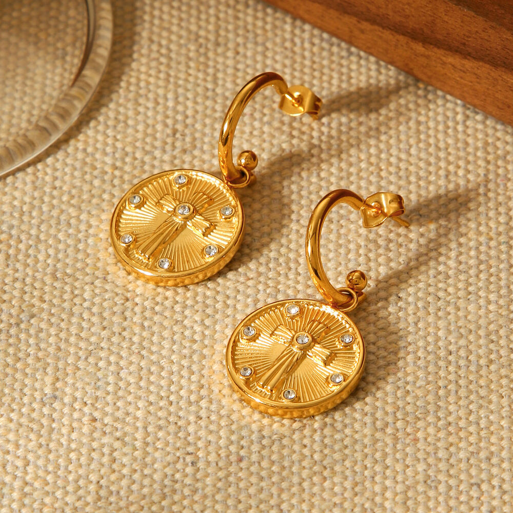 1 Paar Daily Cross Edelstahl-Ohrhänger, wasserdicht, goldfarben, mit Zirkonia-Motiv, für Damen. h5Bild4