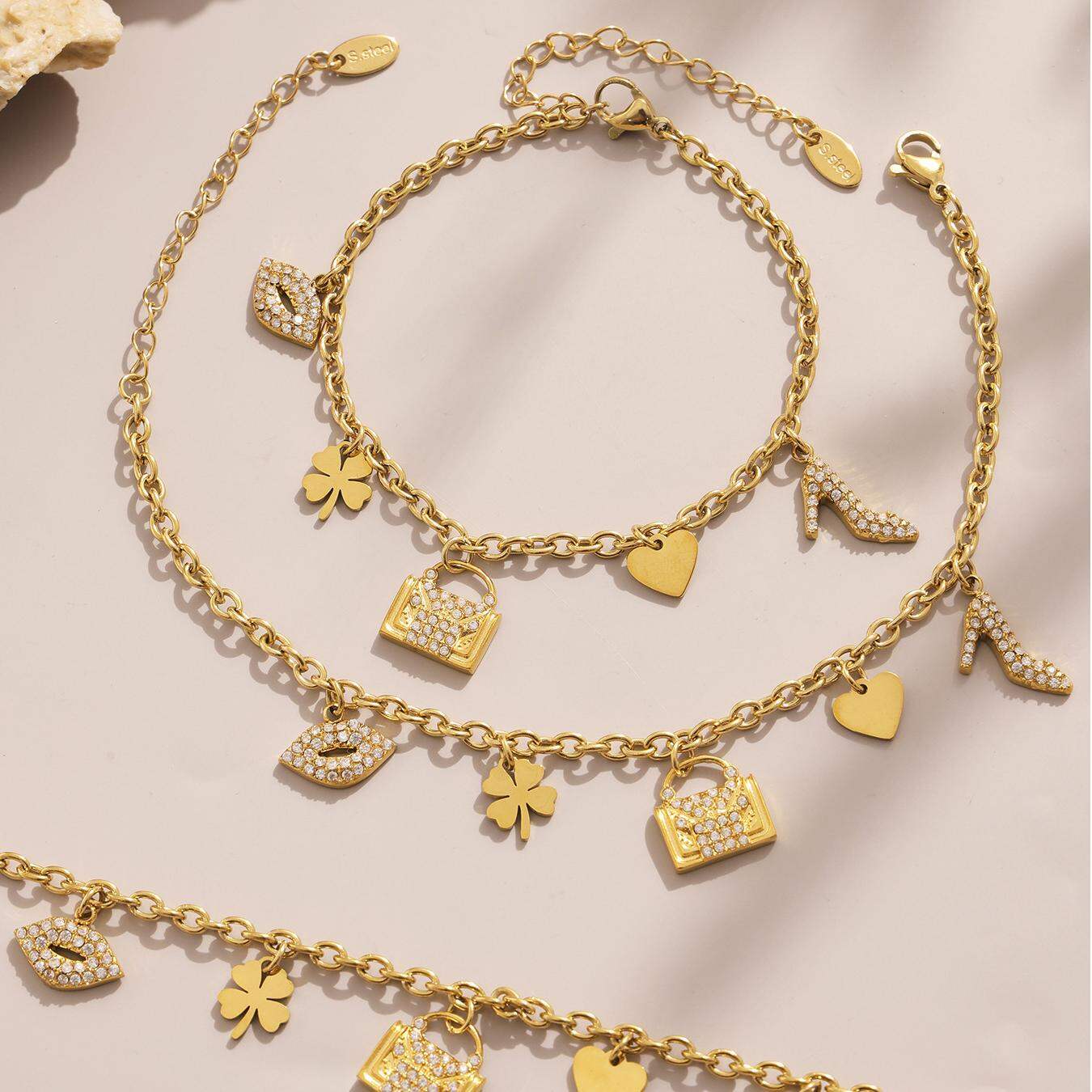 Fashionable Heart Clover Stainless Steel Waterproof Gold Color Women's Jewelry Sets Picture2