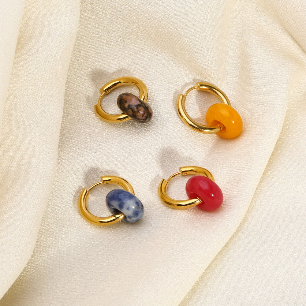 1 Pair Vintage Circle Stainless Steel Waterproof Gold Color Natural Stone Women's Drop Earrings h5 Picture4