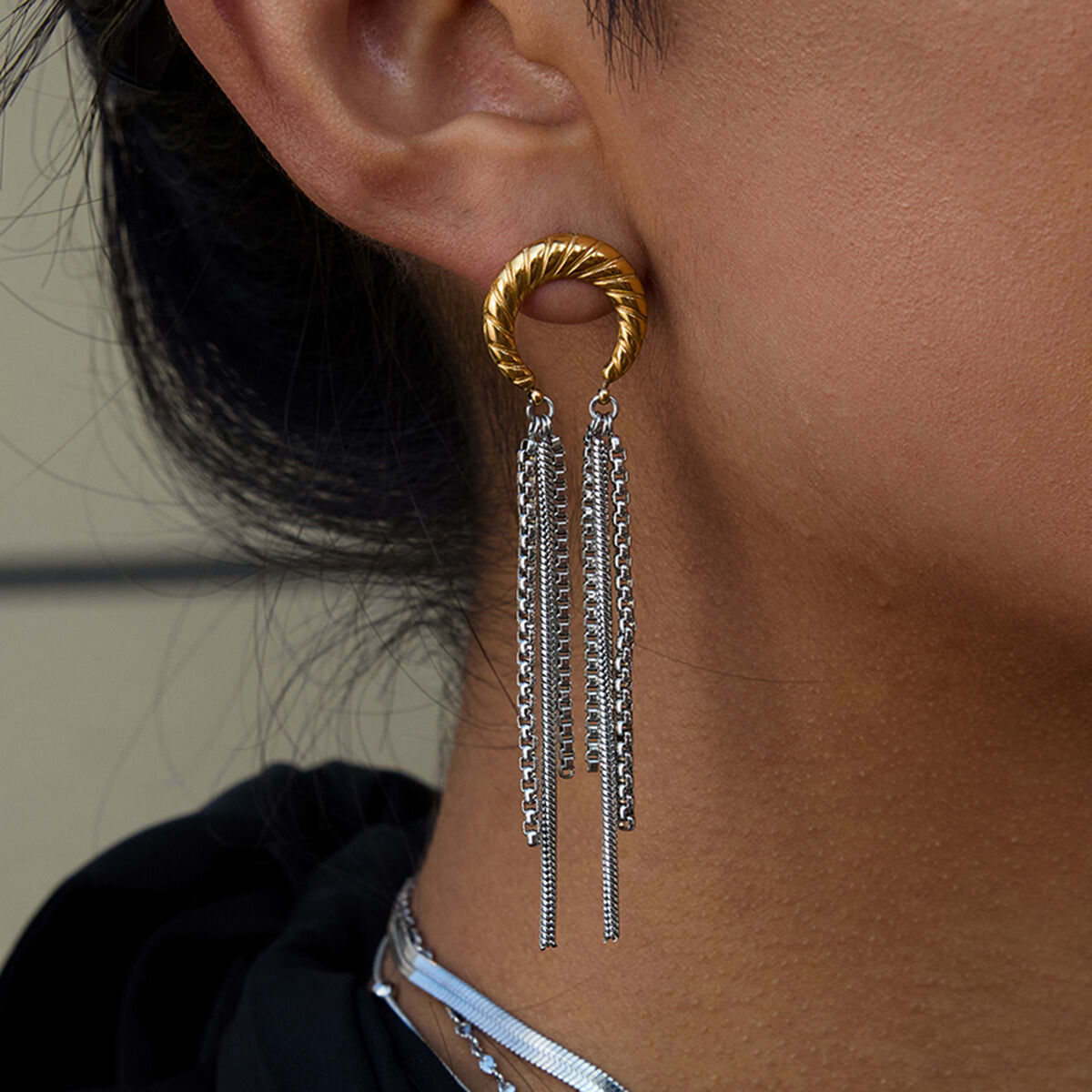 1 Pair Casual Tassel Moon Stainless Steel Waterproof Gold Color Women's Dangle Earrings Picture4