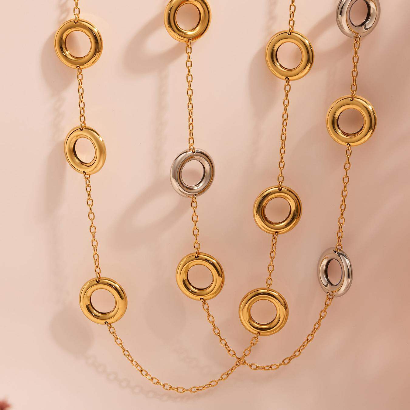 1 pezzo semplice cerchio in acciaio inossidabile impermeabile color oro collana lunga da donna 2
