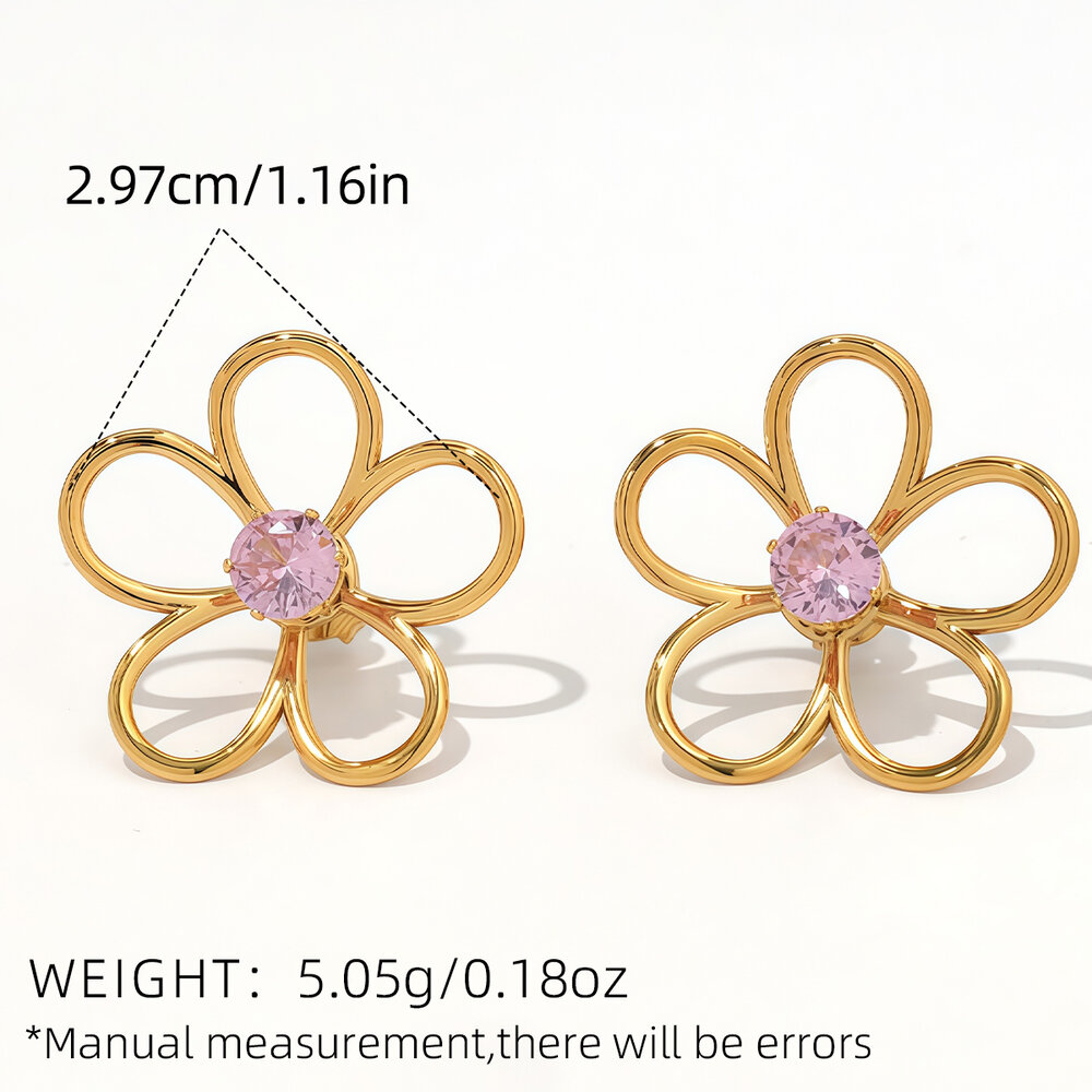 1 Pair Simple Natural Flower Stainless Steel Waterproof Gold Color Zircon Statement Rings Picture2