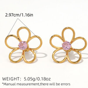 1 Pair Simple Natural Flower Stainless Steel Waterproof Gold Color Zircon Statement Rings h5 Picture2