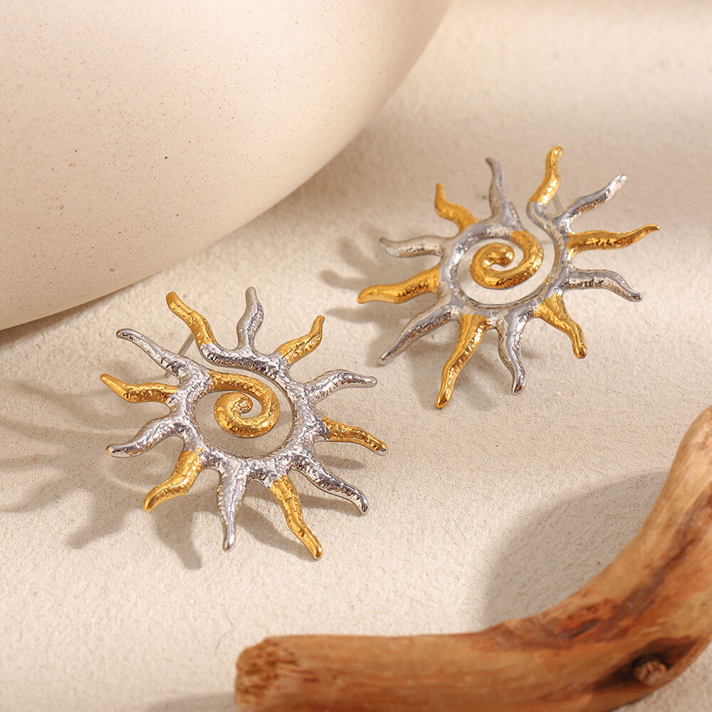 1 Pair Classic Sun Stainless Steel Waterproof Gold Color Women's Stud Earrings h5Picture4
