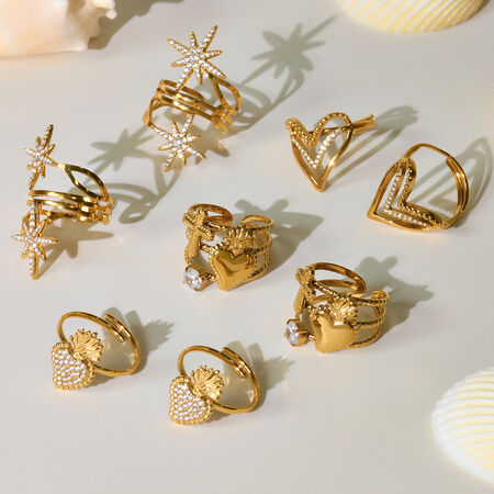 1 Piece Chic Heart Star Stainless Steel Waterproof Gold Color Statement Rings 2