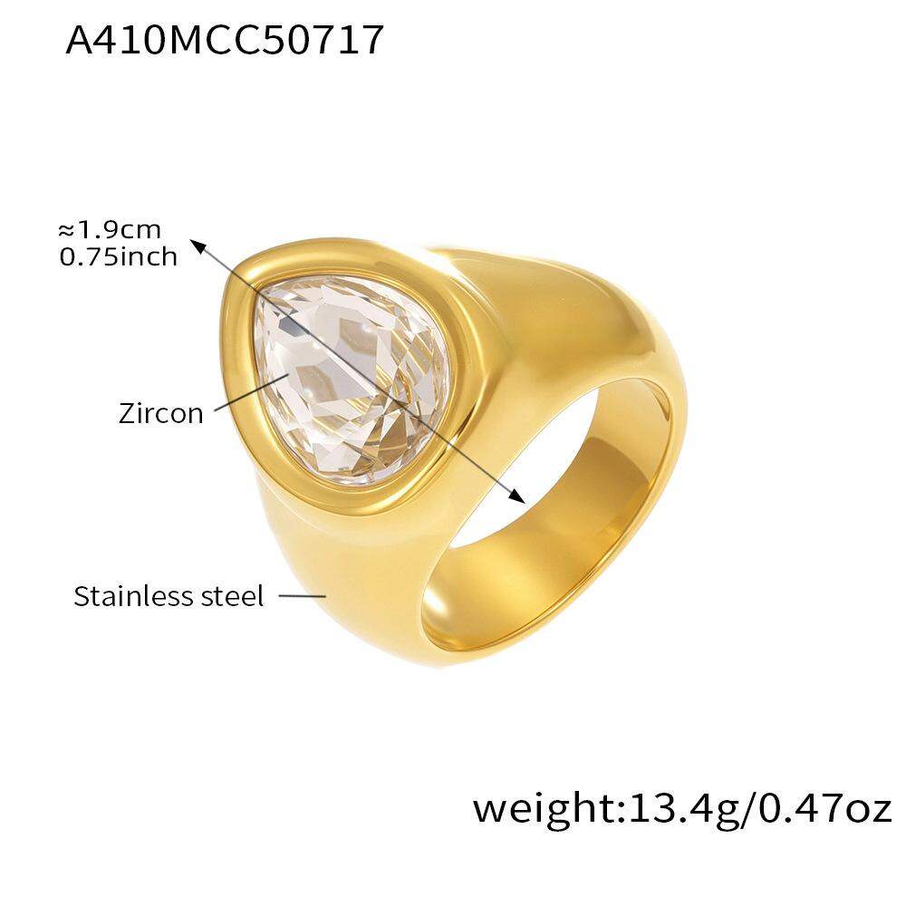 1 Stück Romantischer Tropfenring aus Edelstahl, wasserdicht, goldfarben, mit Zirkonia-Edelstein h5 