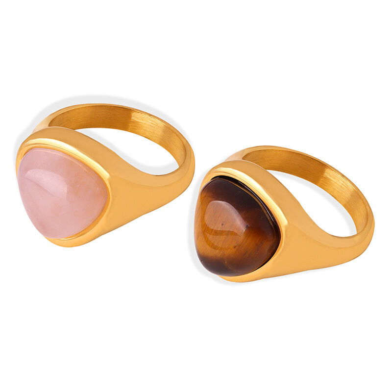 Anelli da donna in acciaio inossidabile con pietra naturale triangolare, impermeabili, color oro h5 Immagine5