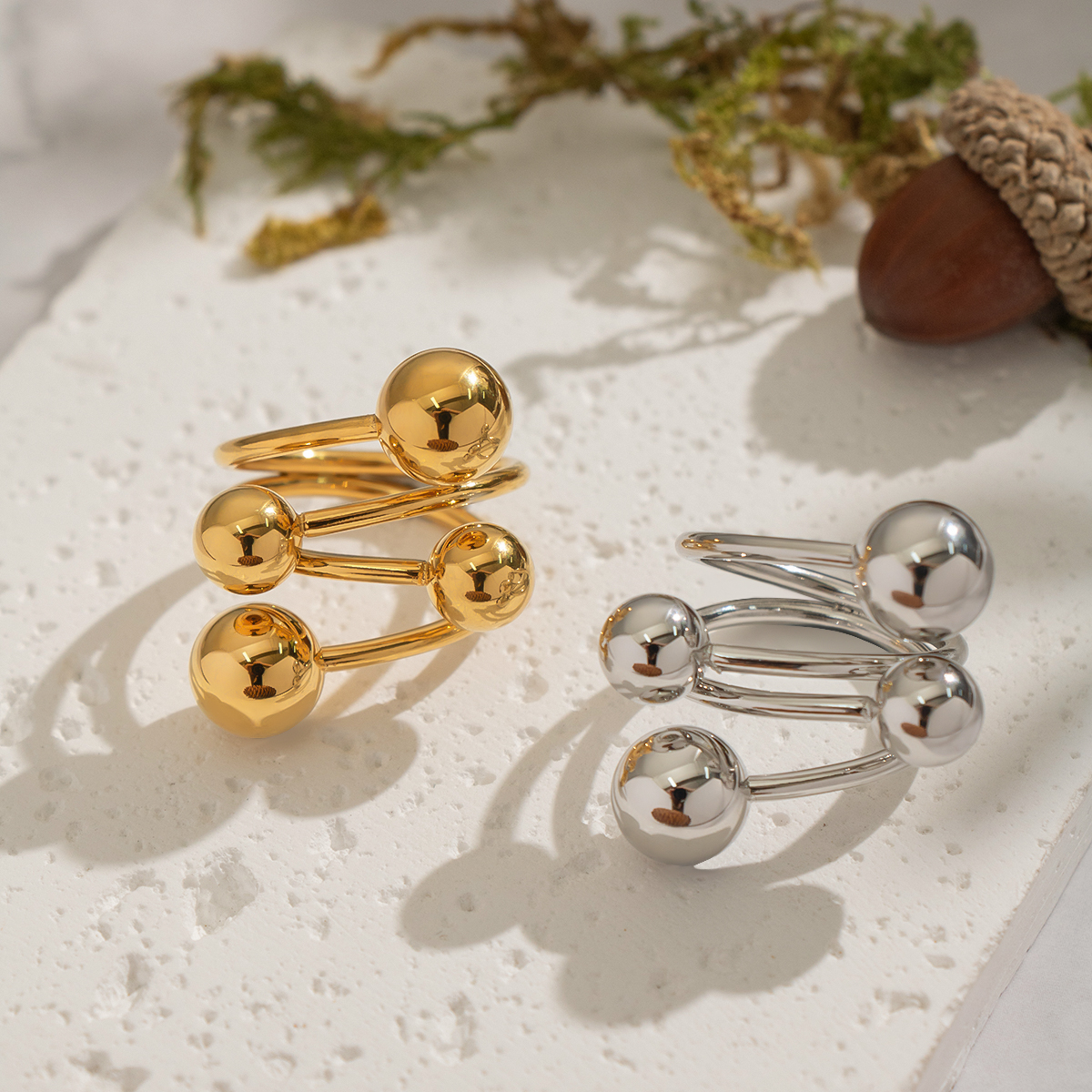 1 Piece Ball Shape Stainless Steel Waterproof Gold Color Statement Ring 2