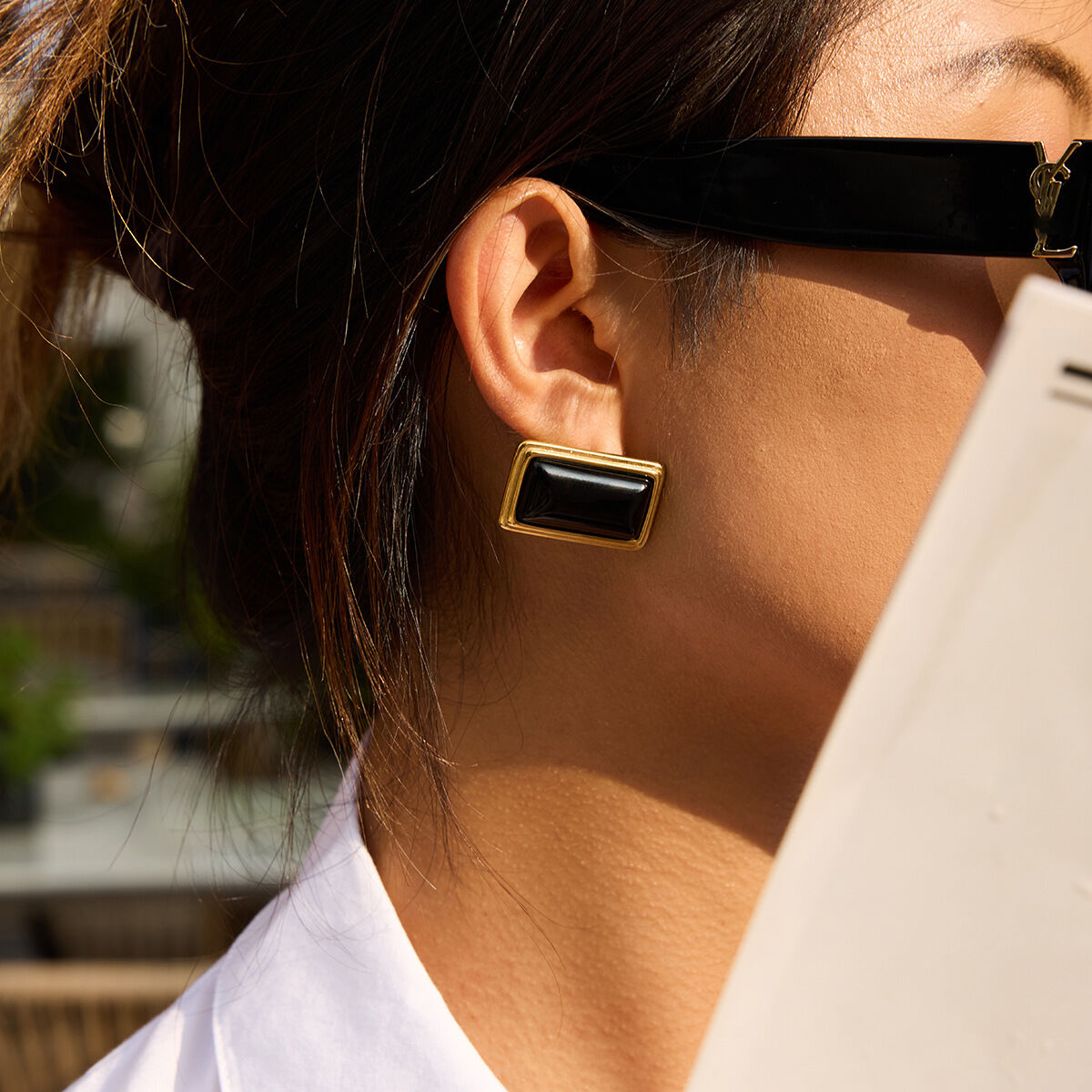 1 Pair Retro Rectangle Agate Stainless Steel Waterproof Gold Color Women's Stud Earrings h5 Picture3