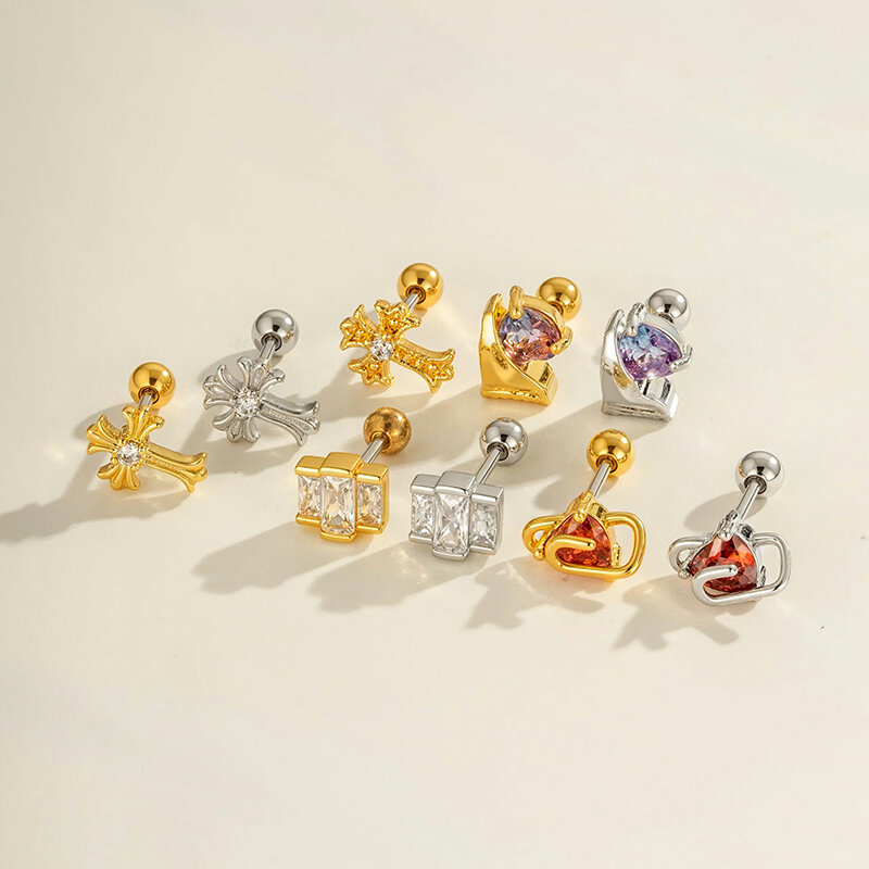 1 Parça Kalp Haç Bakır Altın Rengi Zirkonyum Piercing Küpe