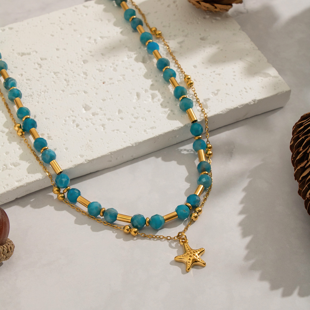 Collana con perline in pietra naturale color oro impermeabile in acciaio inossidabile da 1 pezzo 2