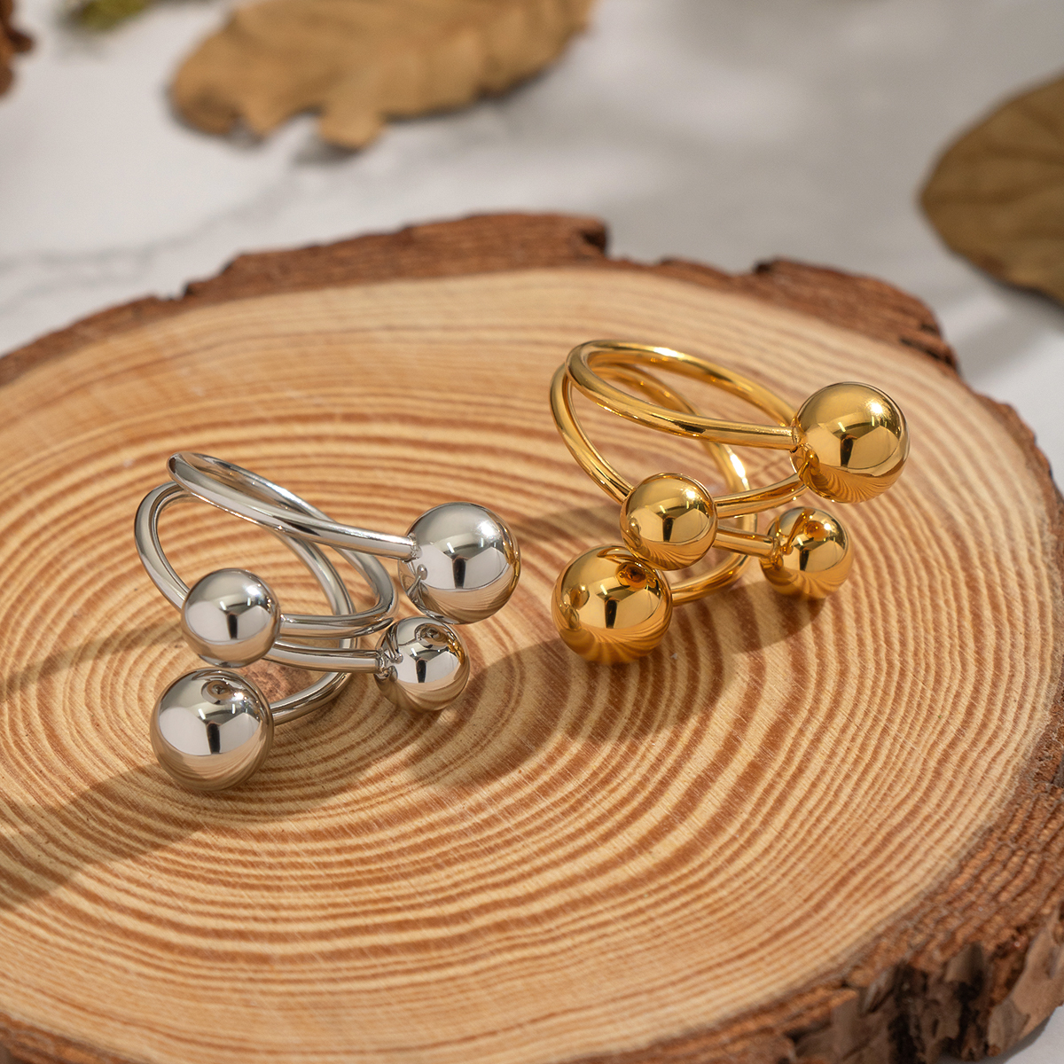 1 Piece Ball Shape Stainless Steel Waterproof Gold Color Statement Ring