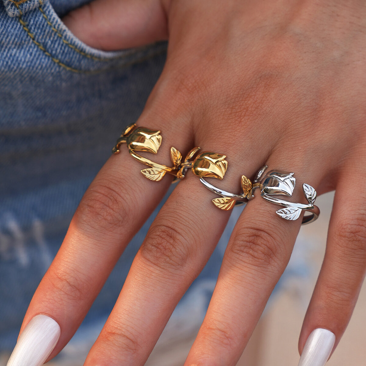 1 Piece Retro Flower Rose Stainless Steel Waterproof  Gold Color Women‘s  Statement Rings h5 Picture6