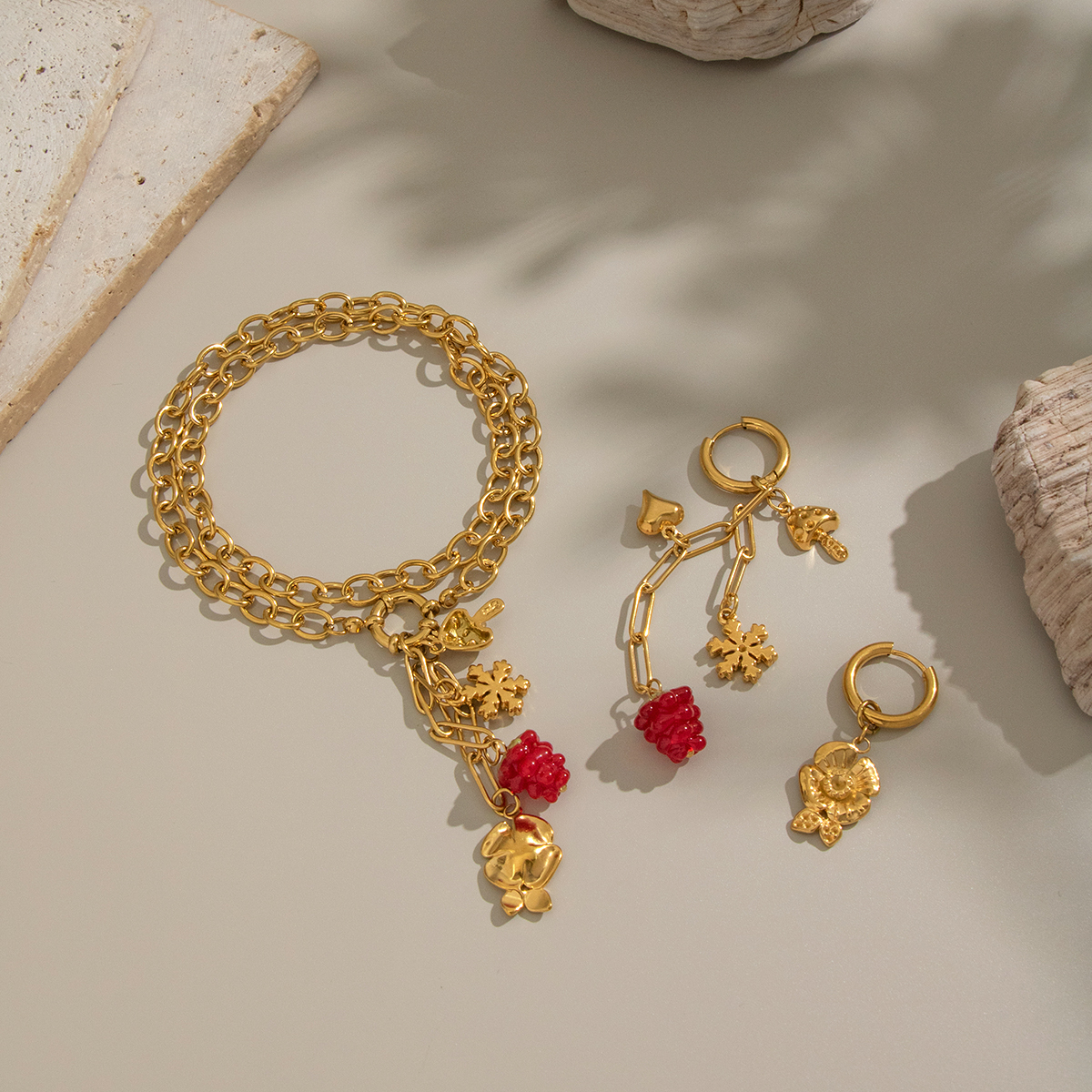 Romantic Flower Grape Stainless Steel Waterproof Gold Color Necklace Set 2