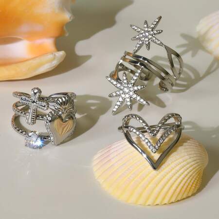1 Piece Chic Heart Star Stainless Steel Waterproof Gold Color Statement Rings
