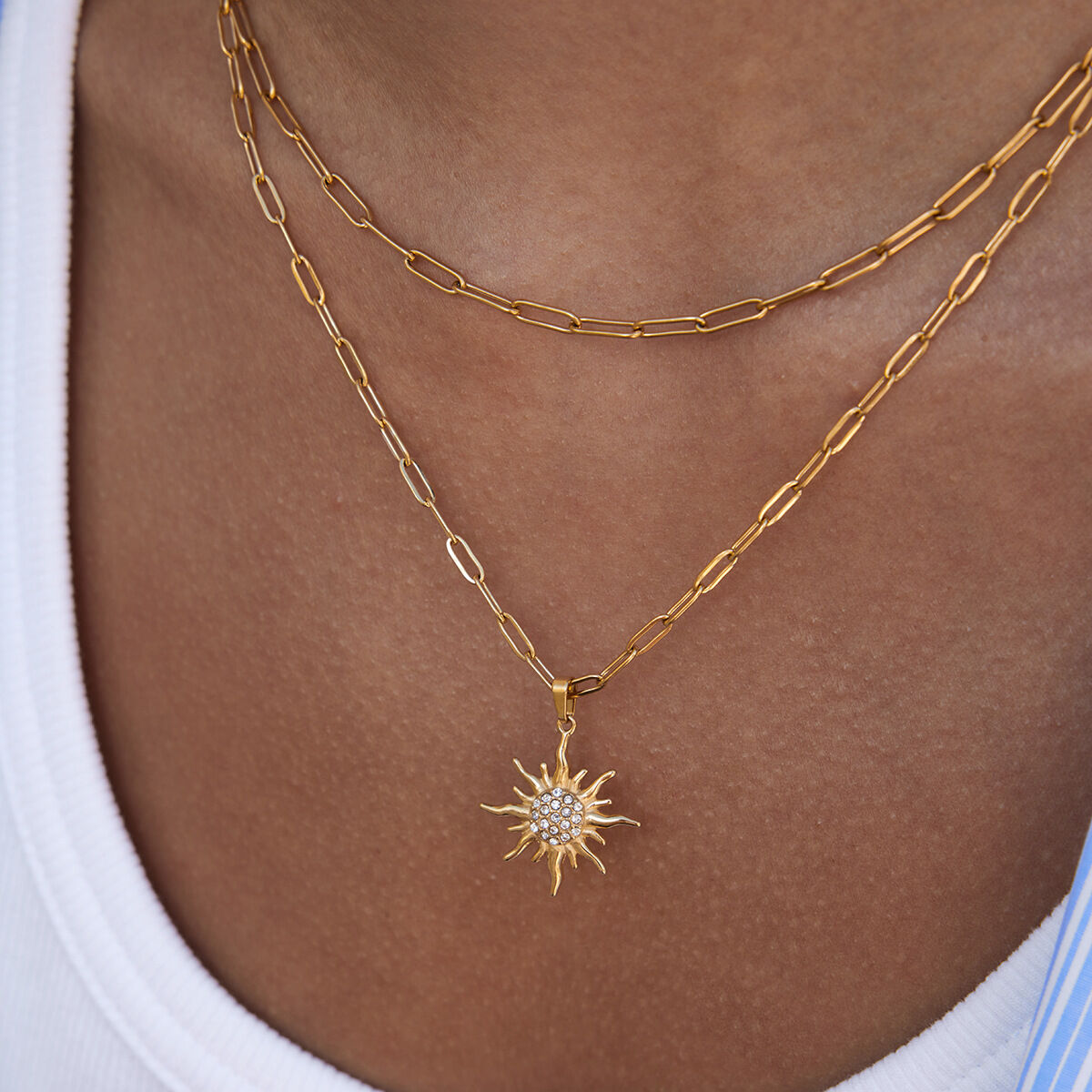 1 pezzo elegante collana a strati da donna in acciaio inossidabile impermeabile color oro con sole