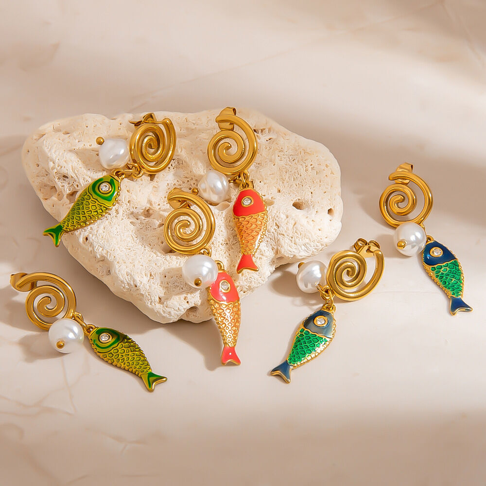 1 Pair Creative Colorful Oil Drip Stainless Steel Waterproof Fish Women's Drop Earrings Picture3