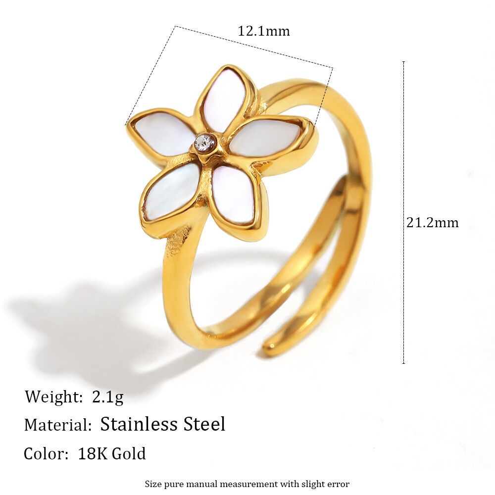 Bague tendance en acier inoxydable doré, couleur coquillage, avec motif floral chic (1 pièce). h5 Image2