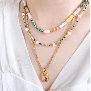 Collier de perles pour femme, 1 pièce, en acier inoxydable imperméable, couleur or, avec pierres naturelles h5 Image4