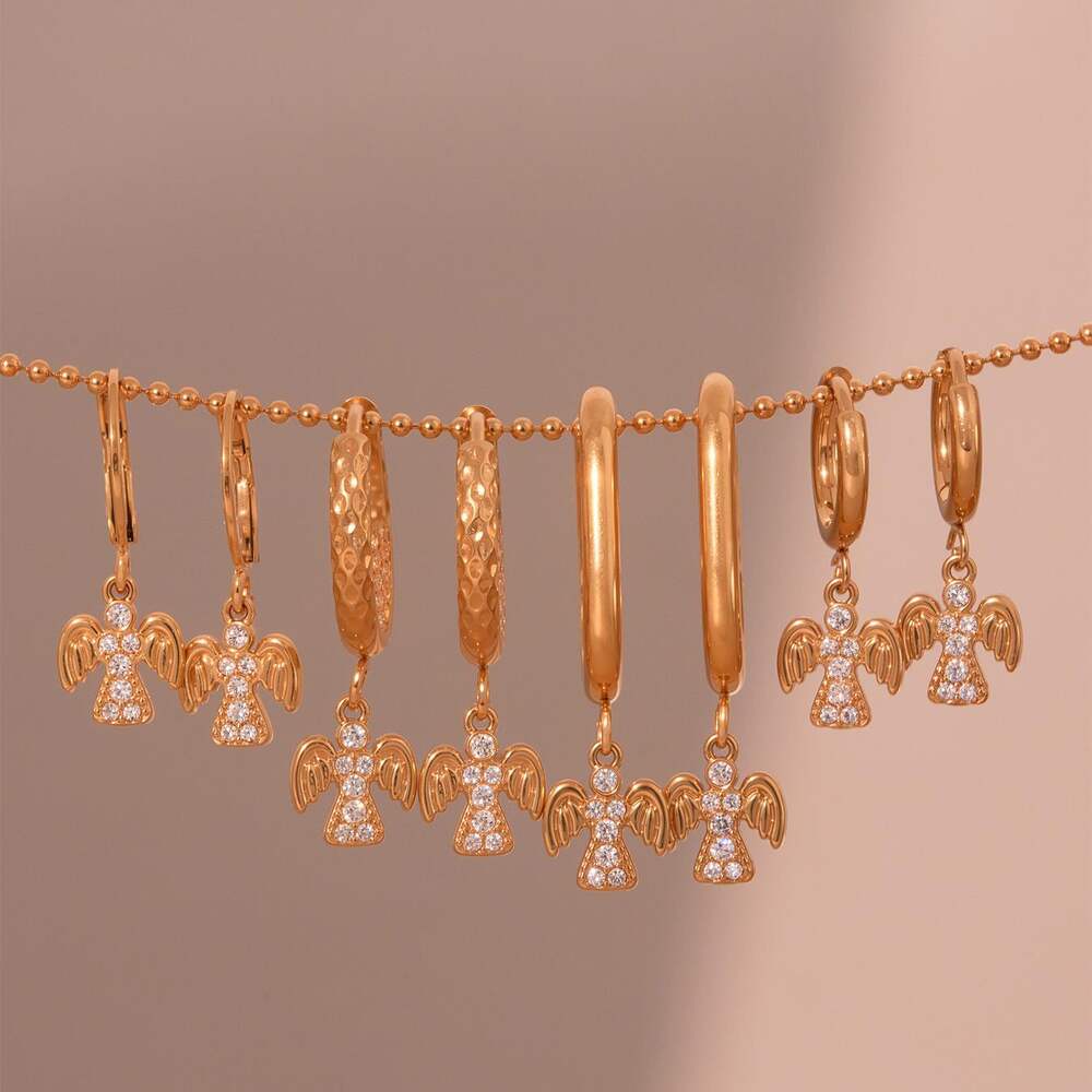 1 Pair Classic Angel Stainless Steel Waterproof Gold Color Zircon Women's Drop Earrings h5Picture2