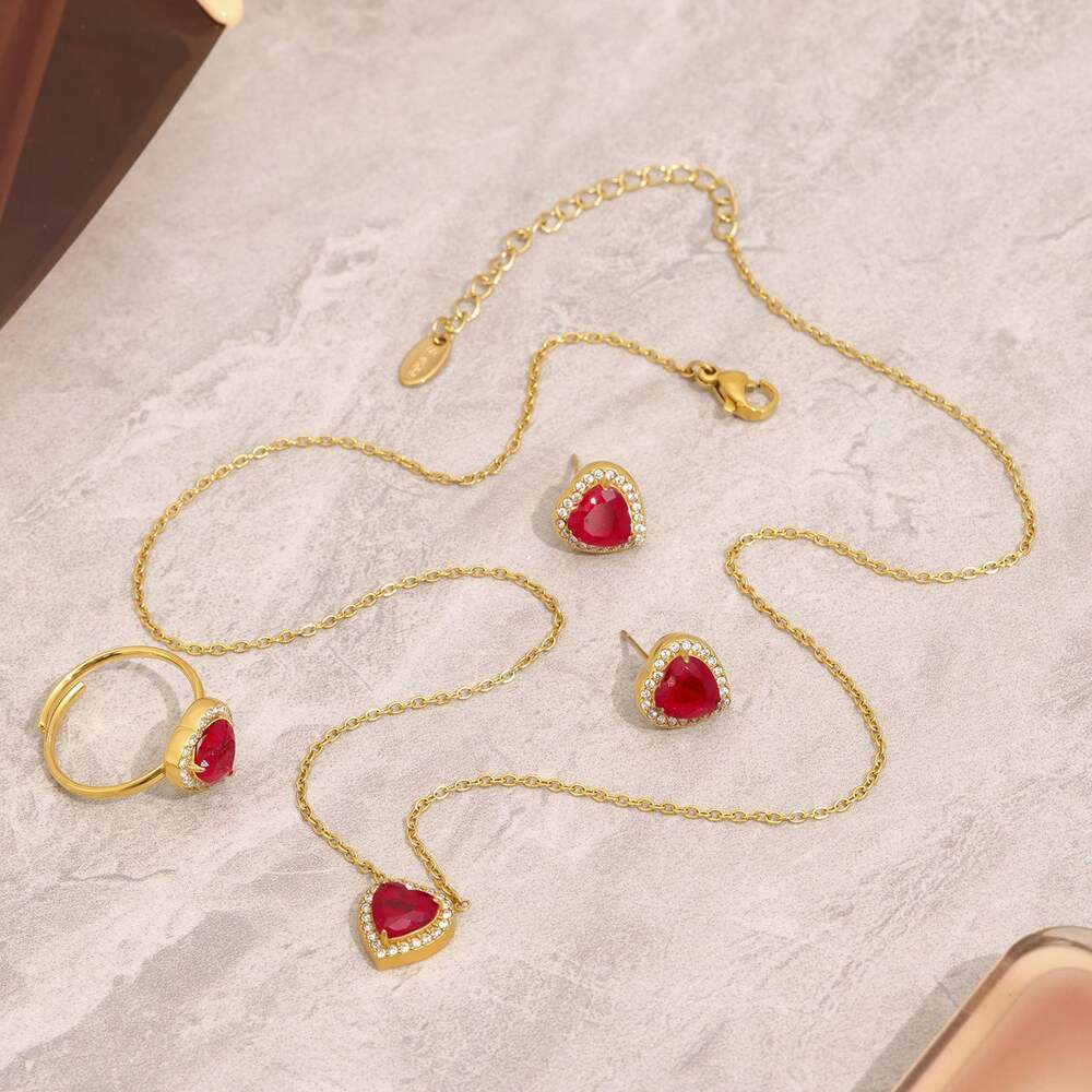 Luxurious Series Red Heart Zircon Stainless Steel Waterproof Women's Jewelry Sets Picture7