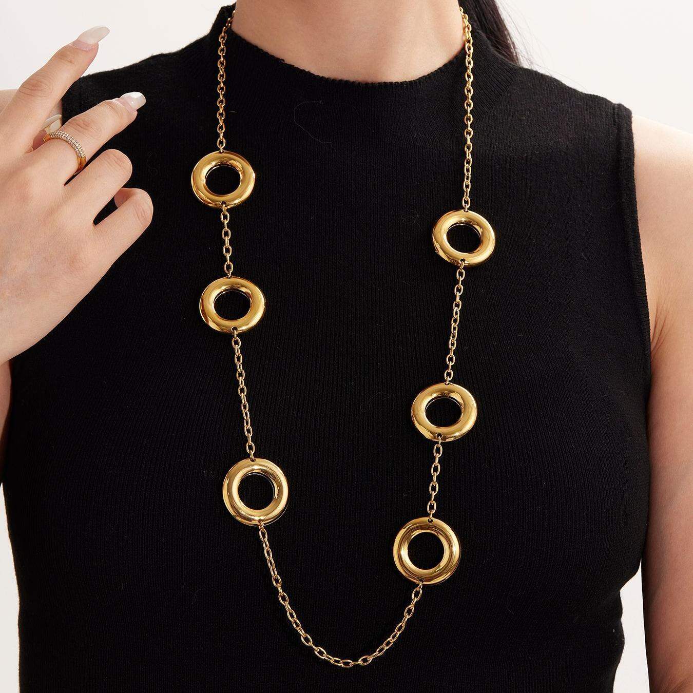 1 pezzo semplice cerchio in acciaio inossidabile impermeabile color oro collana lunga da donna
