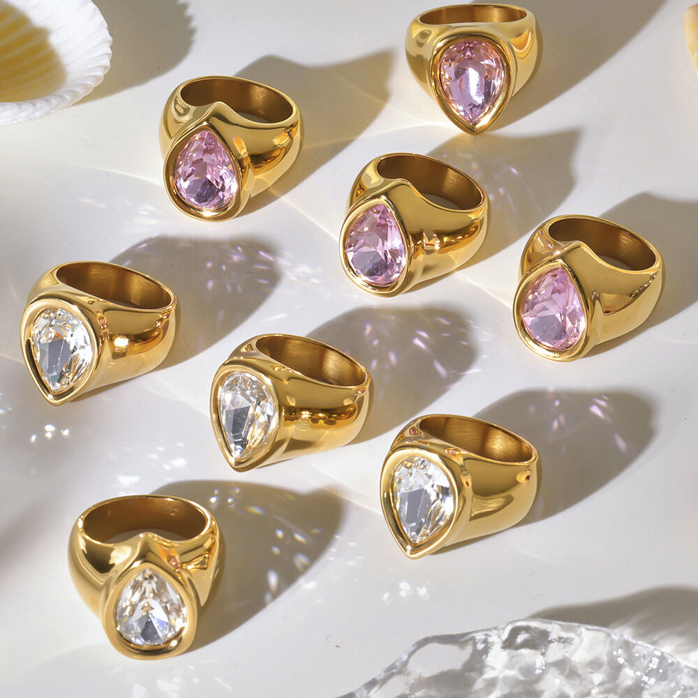 1 pezzo romantico anello da donna in acciaio inossidabile con goccia e zircone color oro impermeabile 2