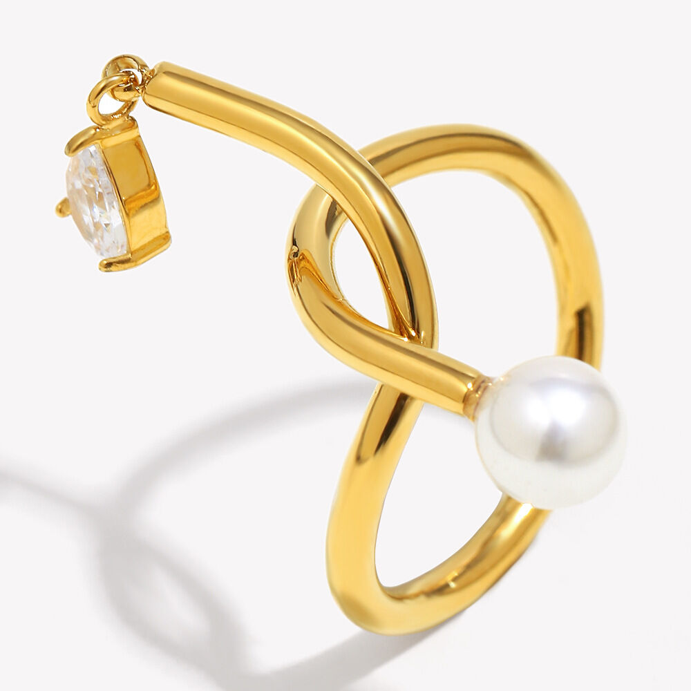 Knotted Tassel Zircon Imitation Pearl Open Ring - Gold 