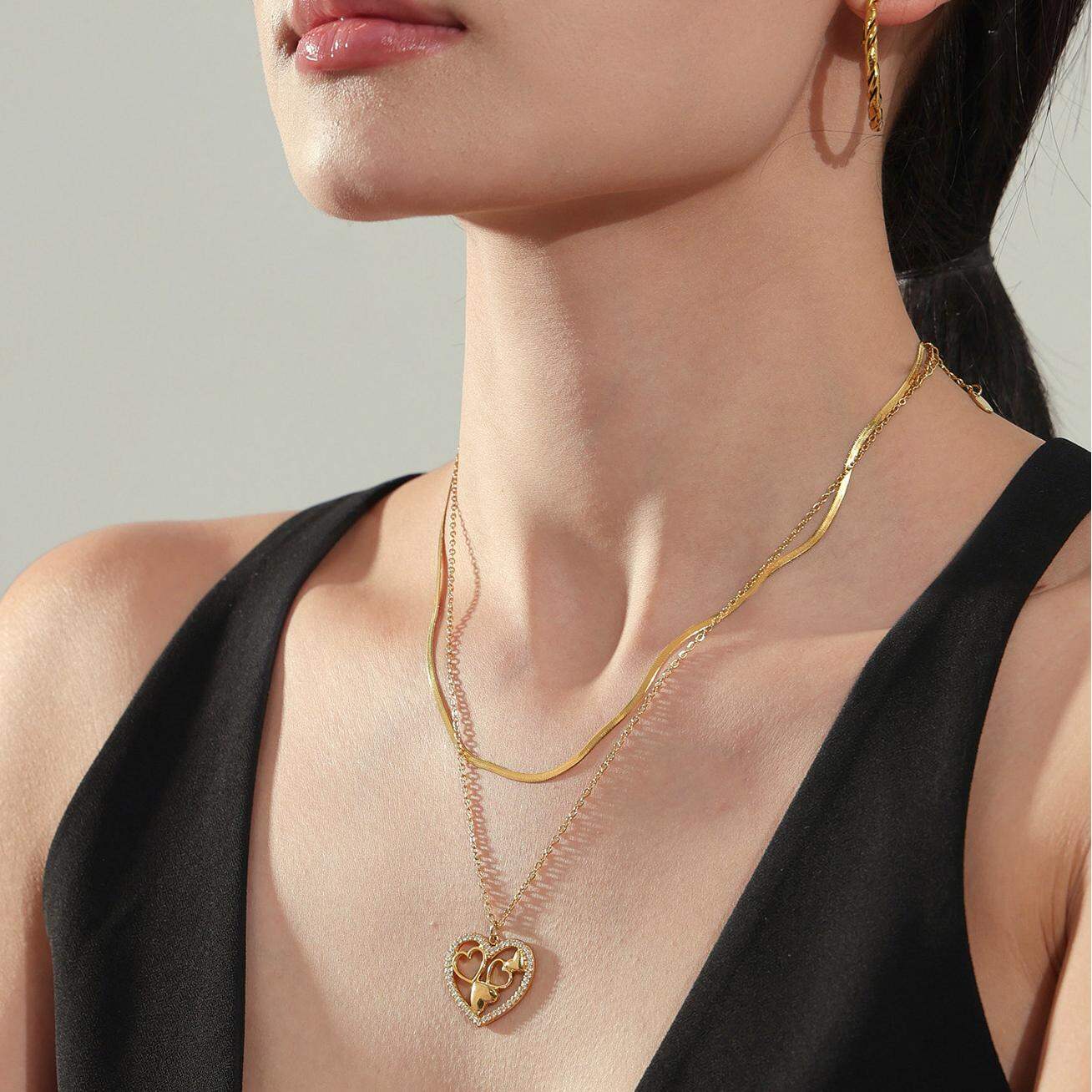 1 Piece Elegant Heart Stainless Steel Waterproof Gold Color Women's Pendant Necklaces